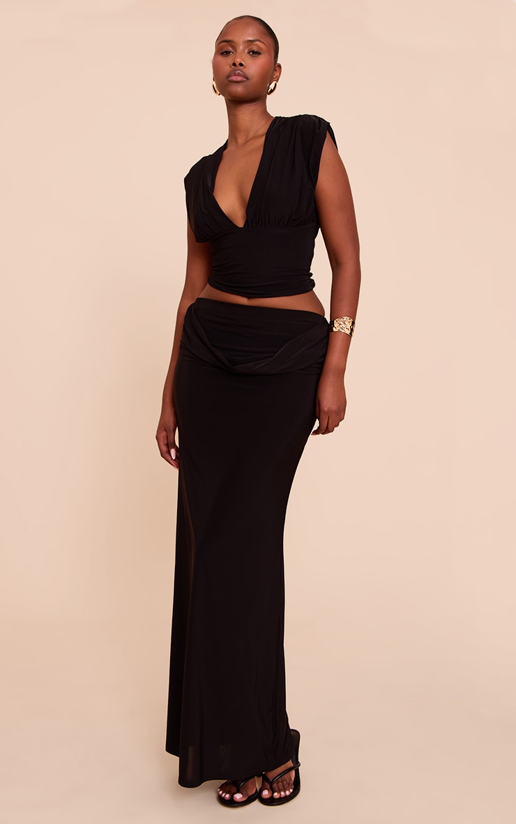 Black Double Layer Slinky Drape Waist Maxi Skirt image 1