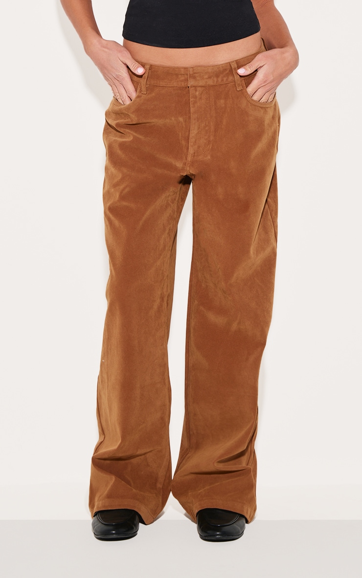 Deep Tan Faux Suede Mid Rise Straight Leg Pants image 1