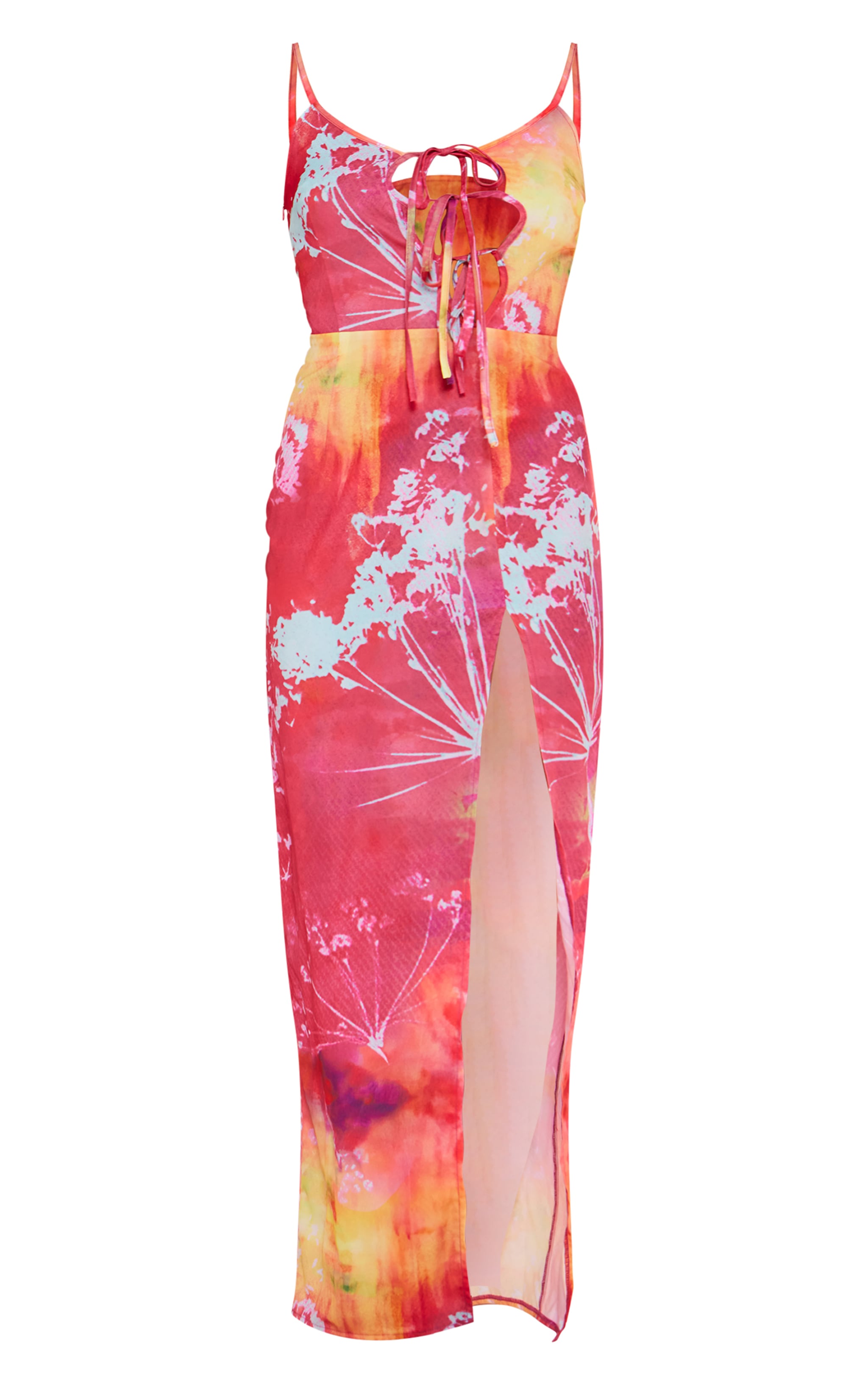 Dark Pink Floral Abstract Print Asymmetric Tie Strappy Midaxi Dress image 5