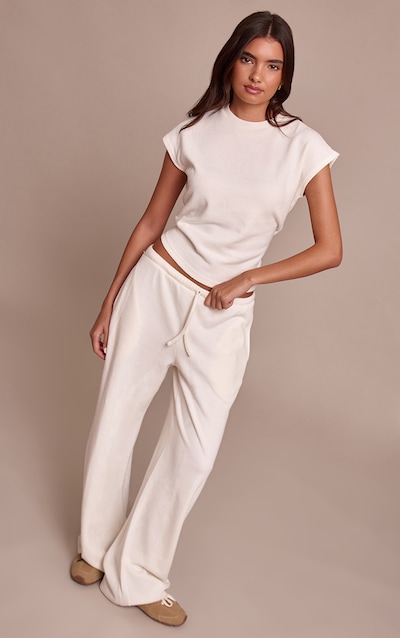 Cream Rib Knit Straight Leg Pants