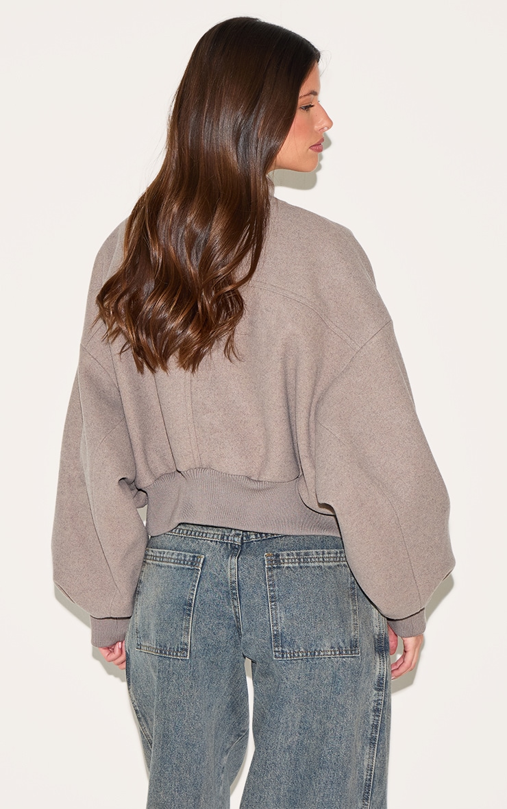 Taupe Ruched Sleeve Cropped Bomber Jacket image 2