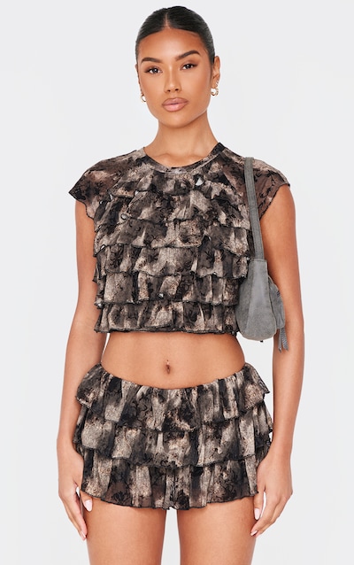 Charcoal Grey Devore Mesh Ruffle Top