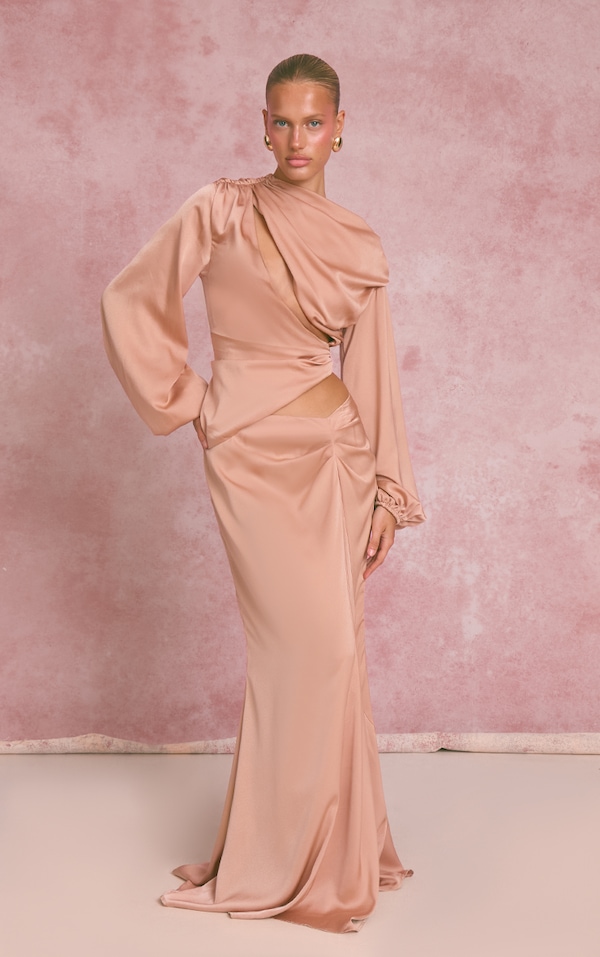 Peach Satin Dipped Waist Maxi Skirt