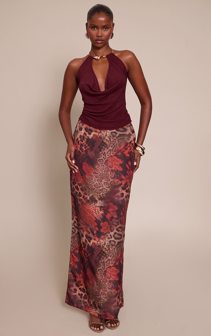 Brown Abstract Animal Print Chiffon Maxi Skirt  image 1