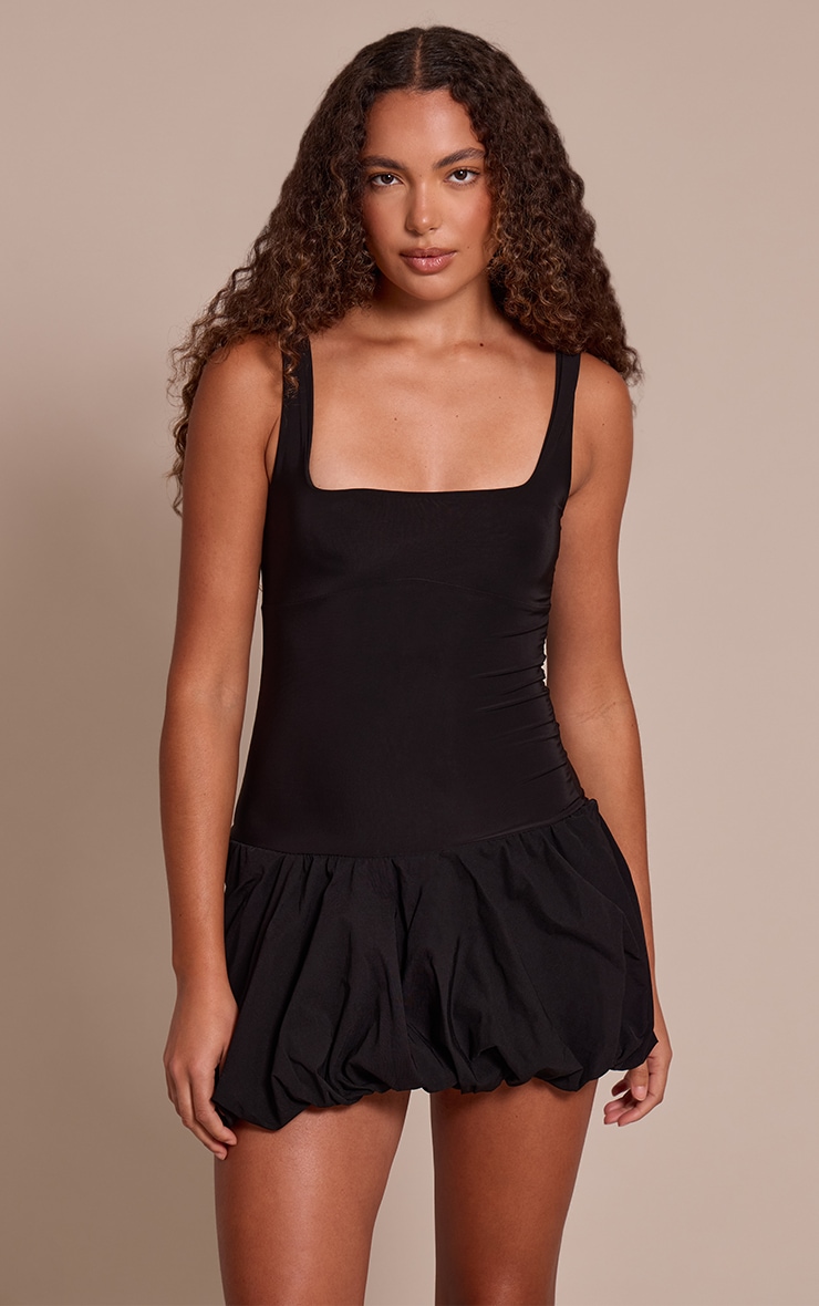Tall Black Slinky Puff Hem Mini Dress image 1