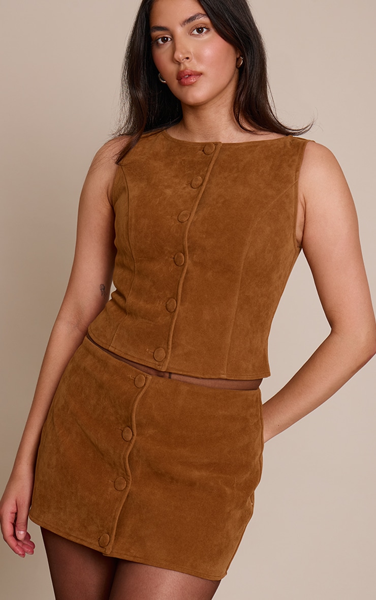 Mini-jupe en suédine marron clair à boutons image 4