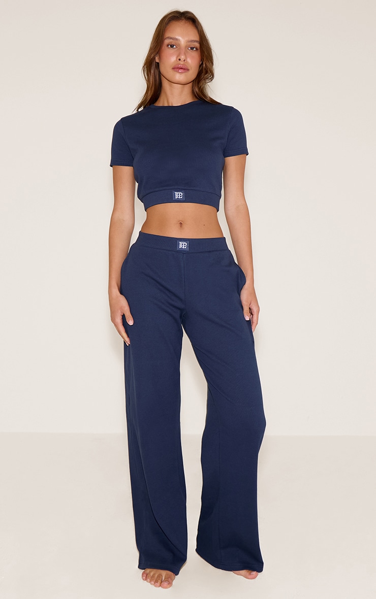 PrettyLittleThing Pantalon de pyjama large tonal côtelé bleu marine à taille élastique image 1
