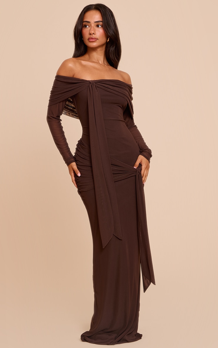 Petite Chocolate Asymmetric Long Sleeve Bardot Maxi Dress image 3