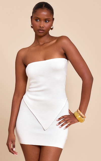 White Fine Knit Bandeau Asymmetric Hem Top