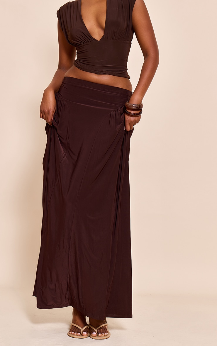 Chocolate Slinky Drop Waist Ruched Panel Maxi Skirt image 2