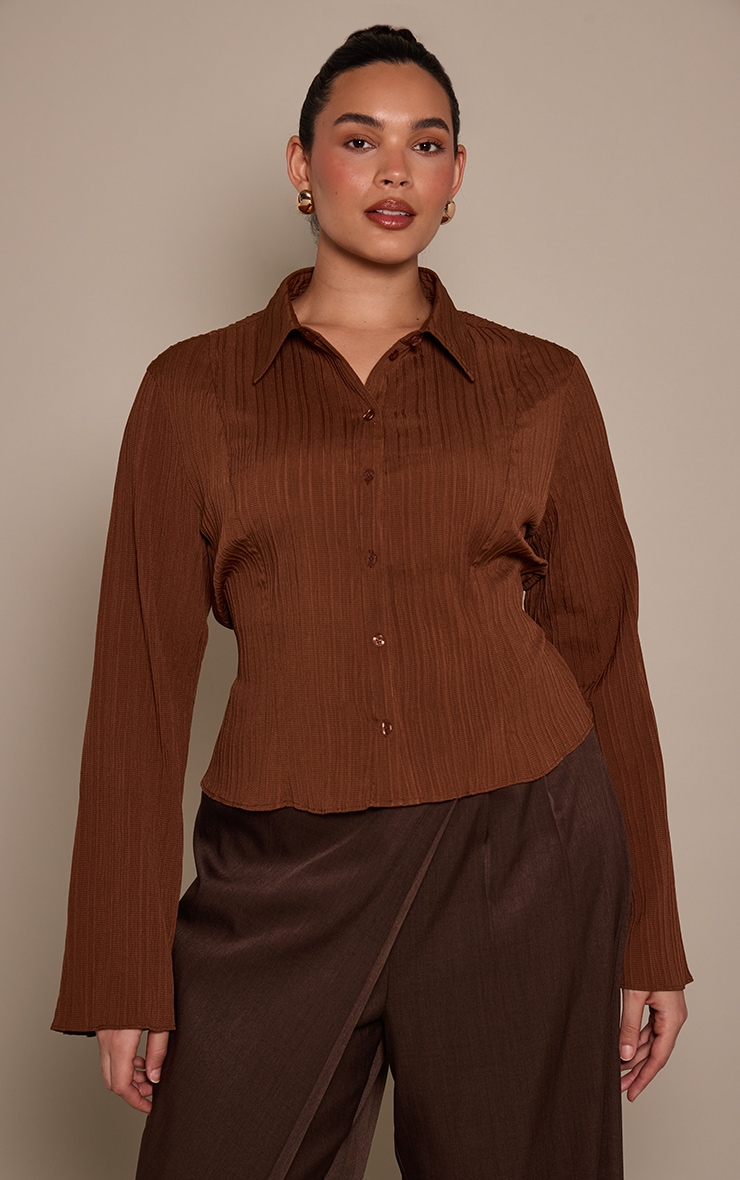 Plus Brown Textured Satin Tie Back Shirt