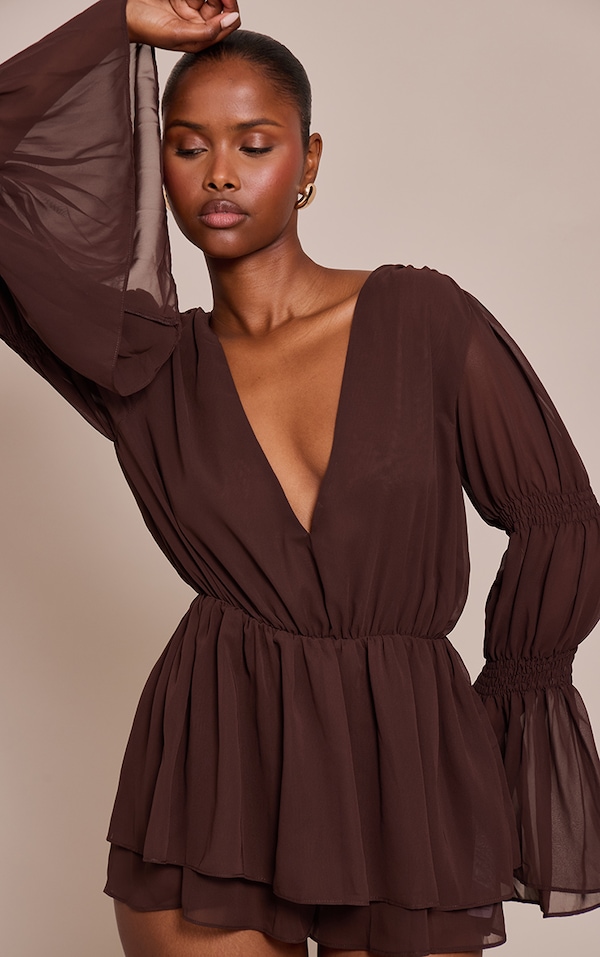 Chocolate Chiffon V Neck Long Ruched Sleeve Romper