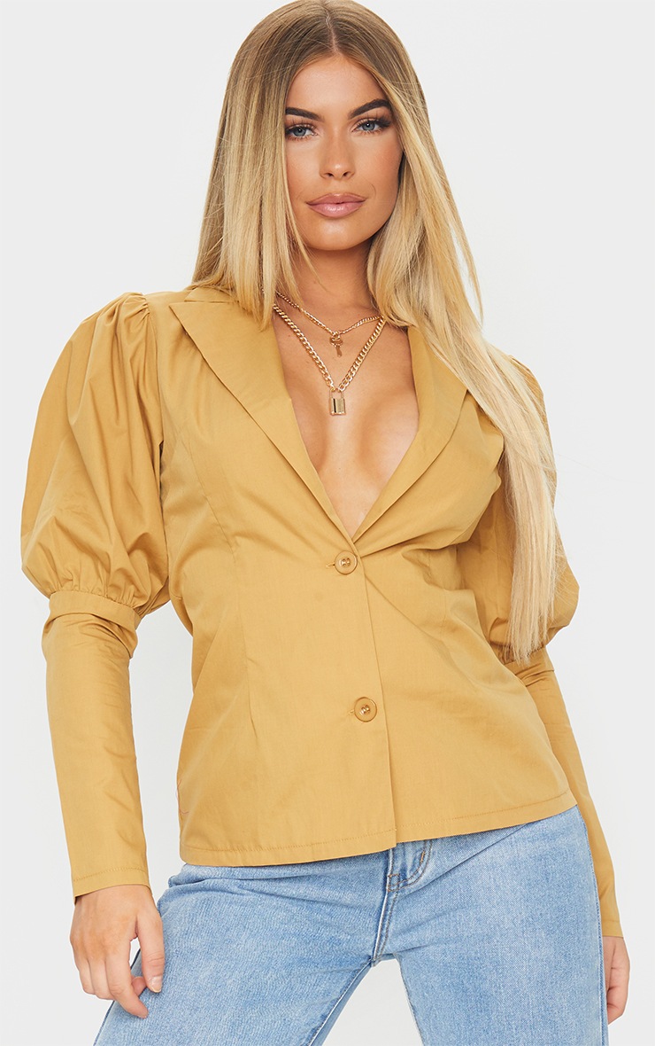 Camel Woven Puff Sleeve Button Front Shirt