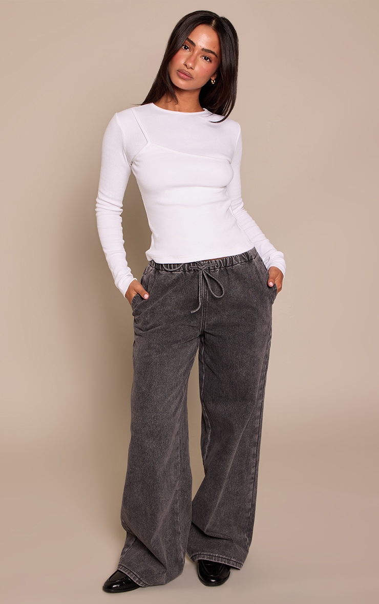 Petite Grey Wash Elasticated Tie Waist Wide Leg Jeans image 2
