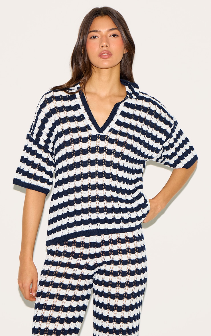 Navy Crochet Stripe Knit Pants image 4