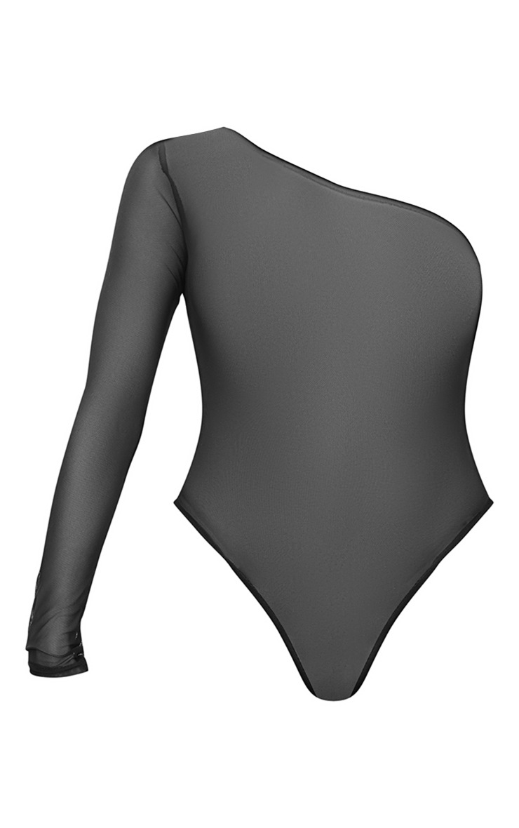 Black One Shoulder Mesh Bodysuit Tops PrettyLittleThing UAE