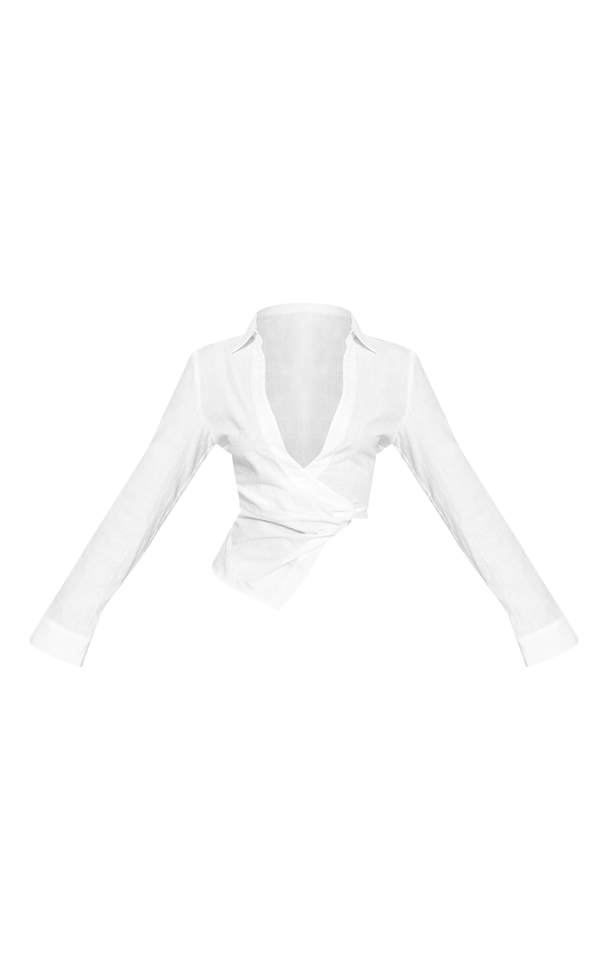 White Linen Look Twist Plunge Shirt image 5