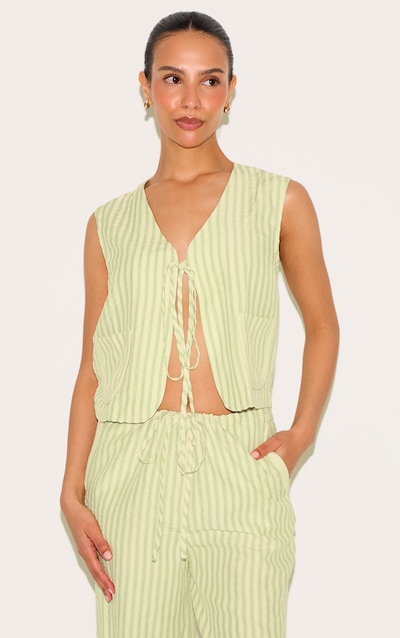 Petite Olive Striped Woven Tie Front Longline Waistcoat