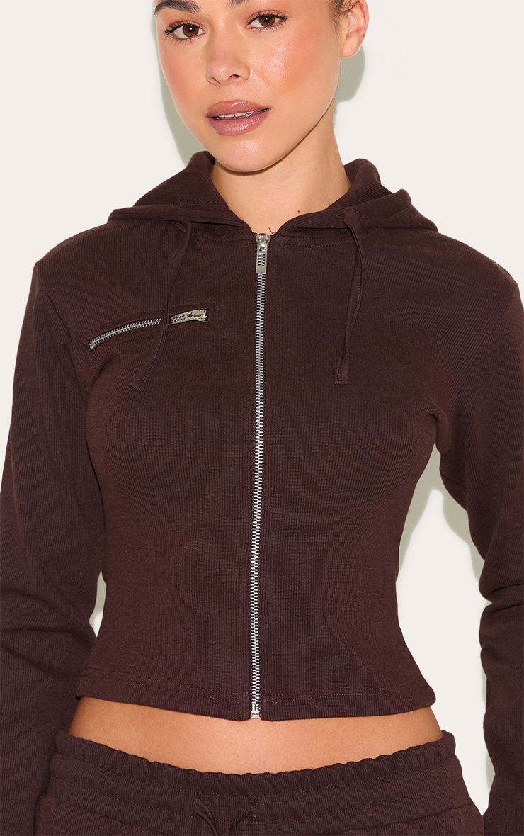 Dark Brown Zip Up Ribbed Track Top image 4