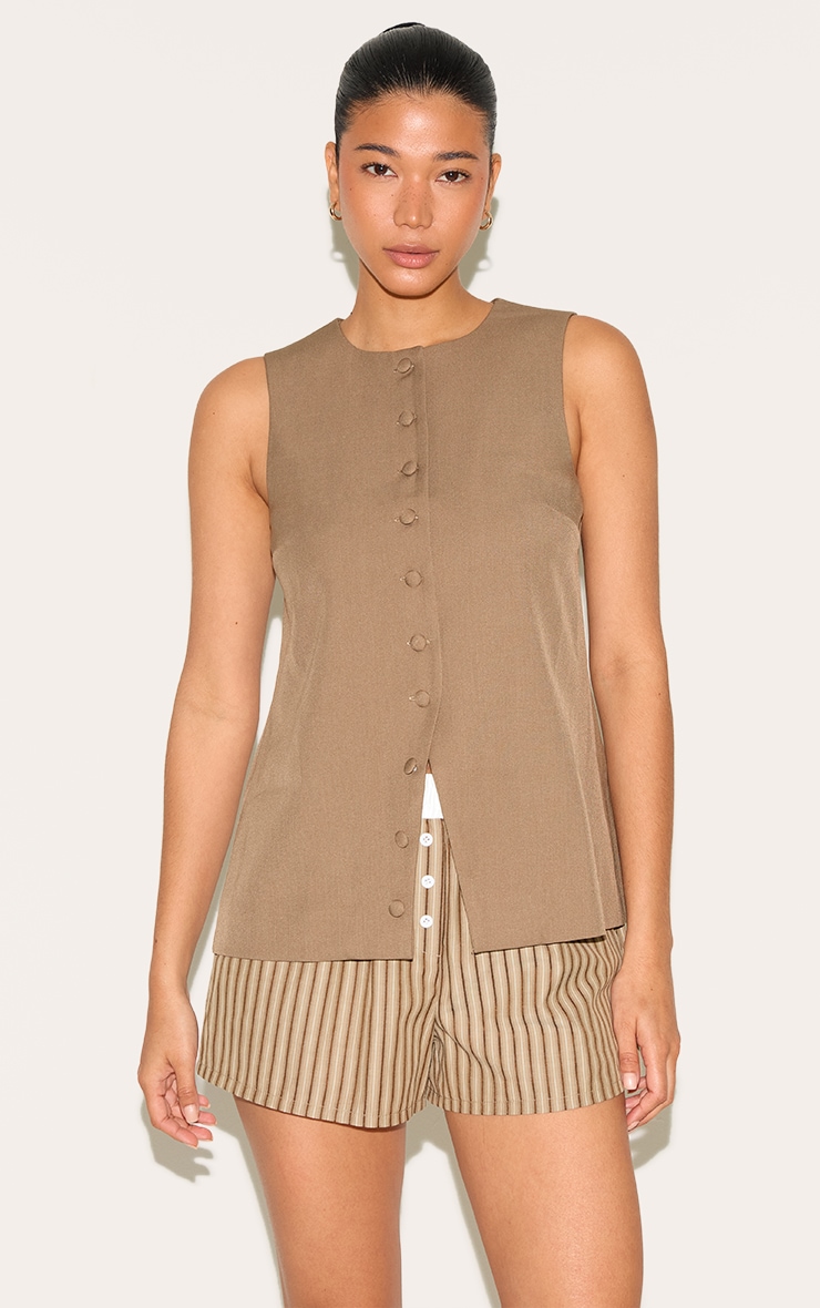 Gilet long tissé gris champignon à boutons image 1
