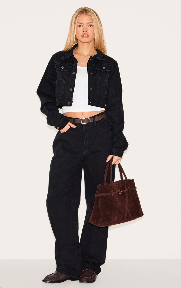 PRETTYLITTLETHING Washed Black Cropped Denim Jacket image 3
