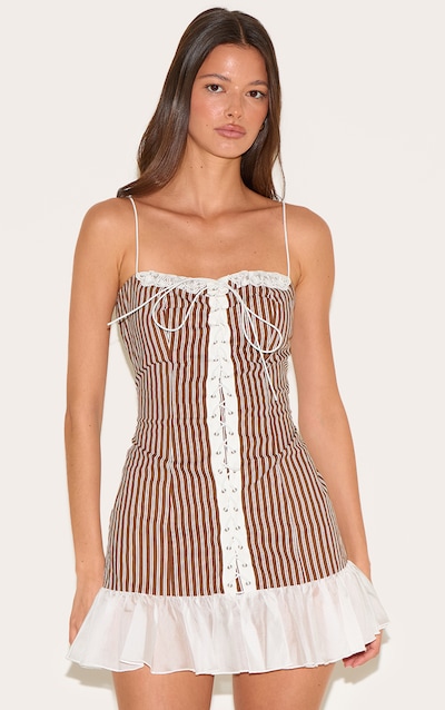 Chocolate Striped Lace Up Frill Hem Bodycon Dress
