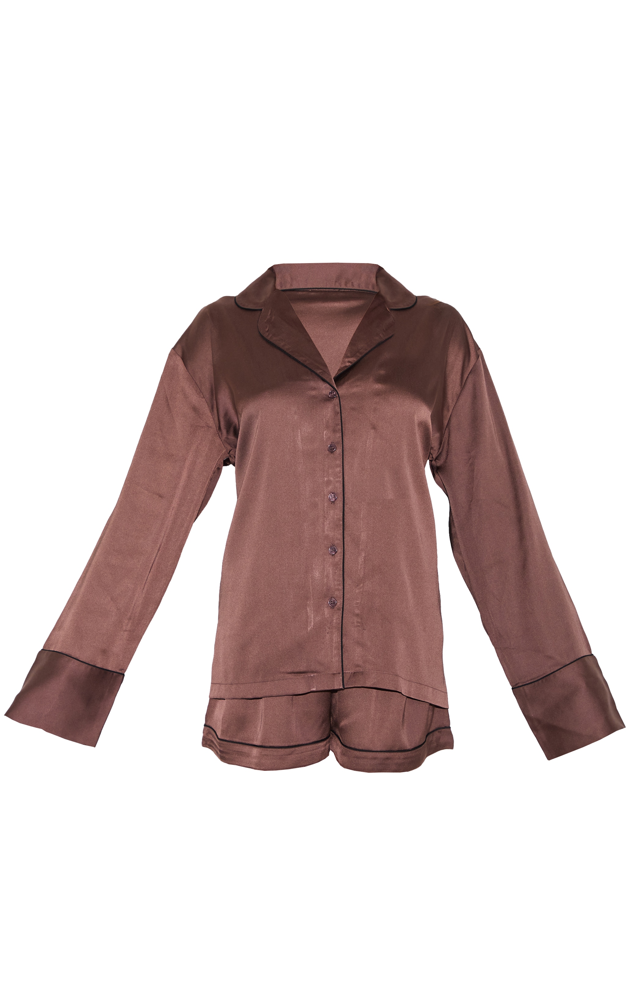 Chocolate Satin Piping Long Sleeve Short Pj Set image 5