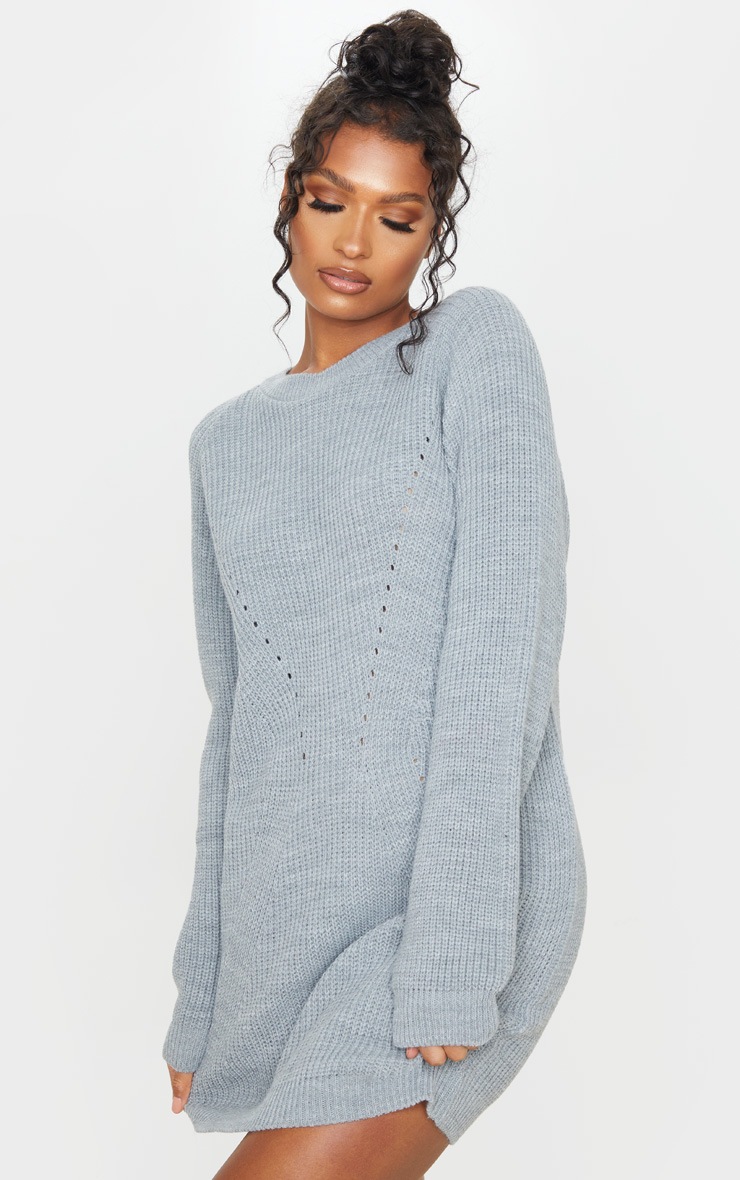 Grey Pointelle Detail Sweater Dress