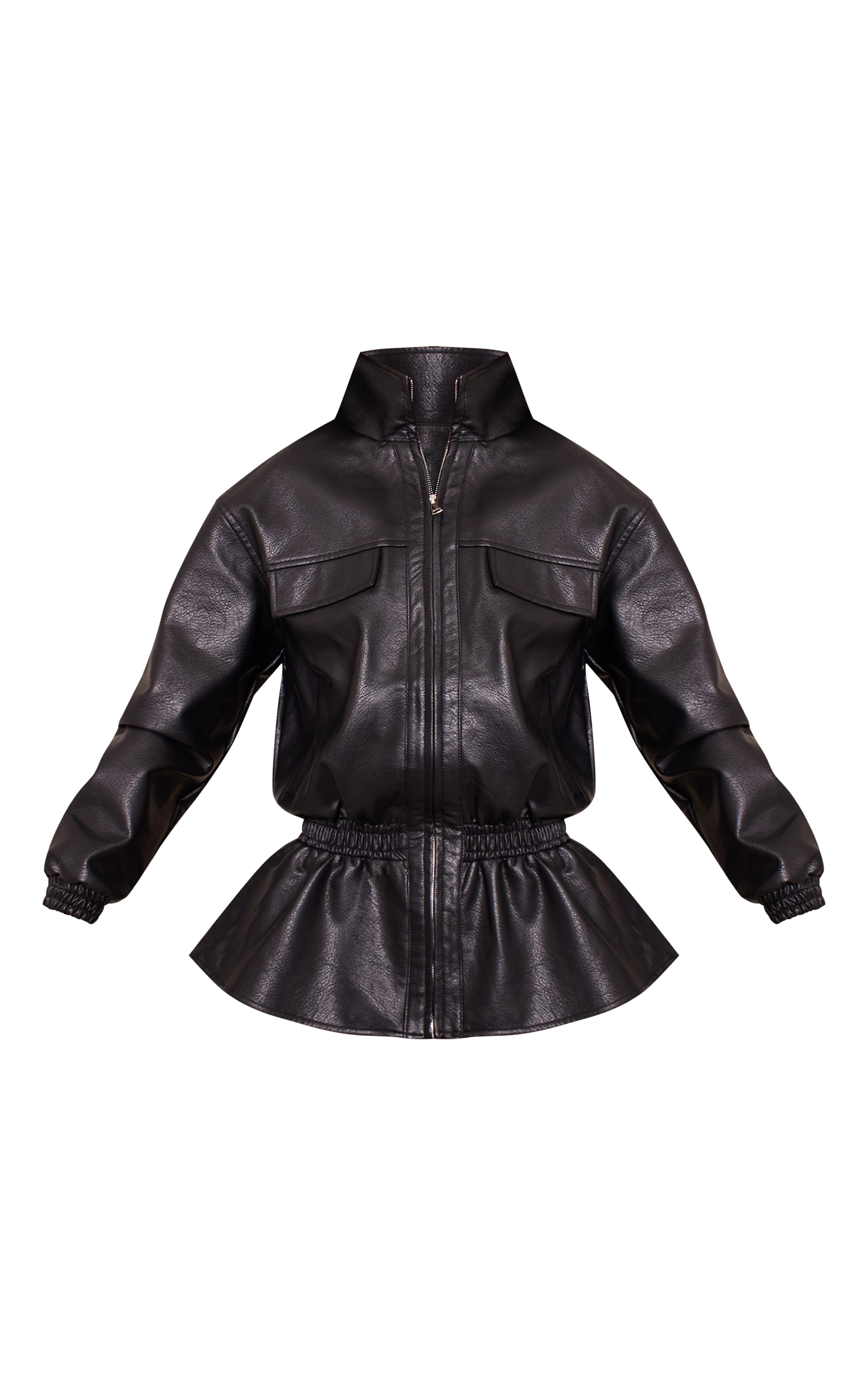 Tall Black High Neck Cinched Waist Faux Leather Jacket image 5