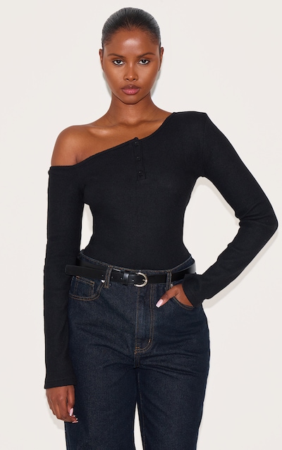 Black Rib Button Detail Asymmetric Long Sleeve Top