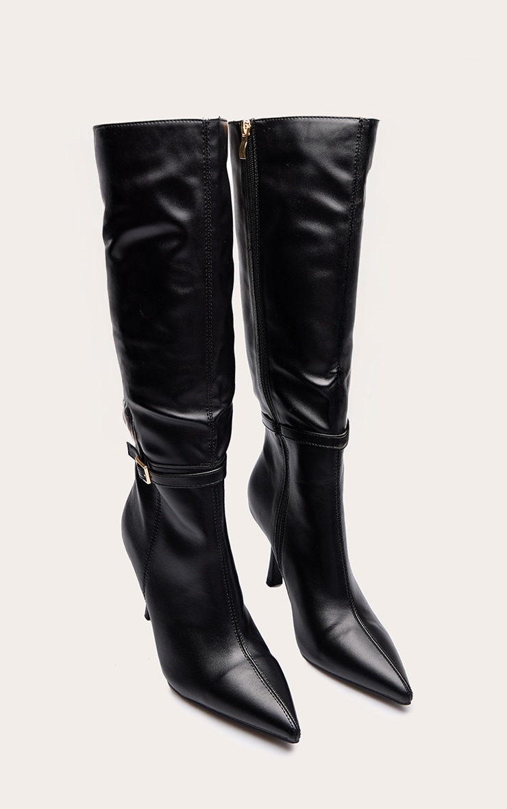 Black Faux Leather Buckled Heeled Knee High Boot image 3