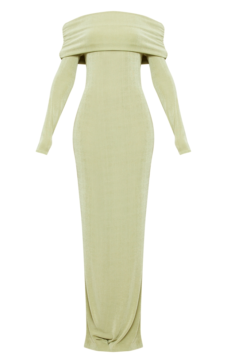 Sage Green Acetate Slinky Bardot Long Sleeve Maxi Dress image 5