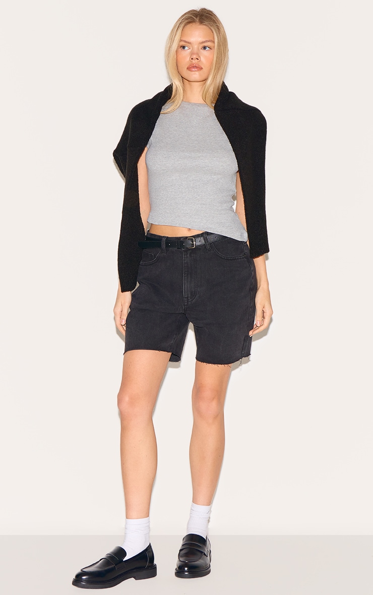 Washed Black Longline Fitted Denim Shorts image 1