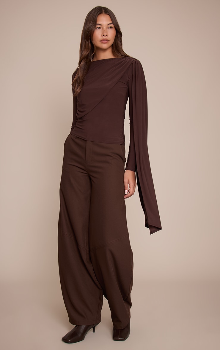 Chocolate Double Layered Extreme Drape Detail Long Sleeve Top  image 3
