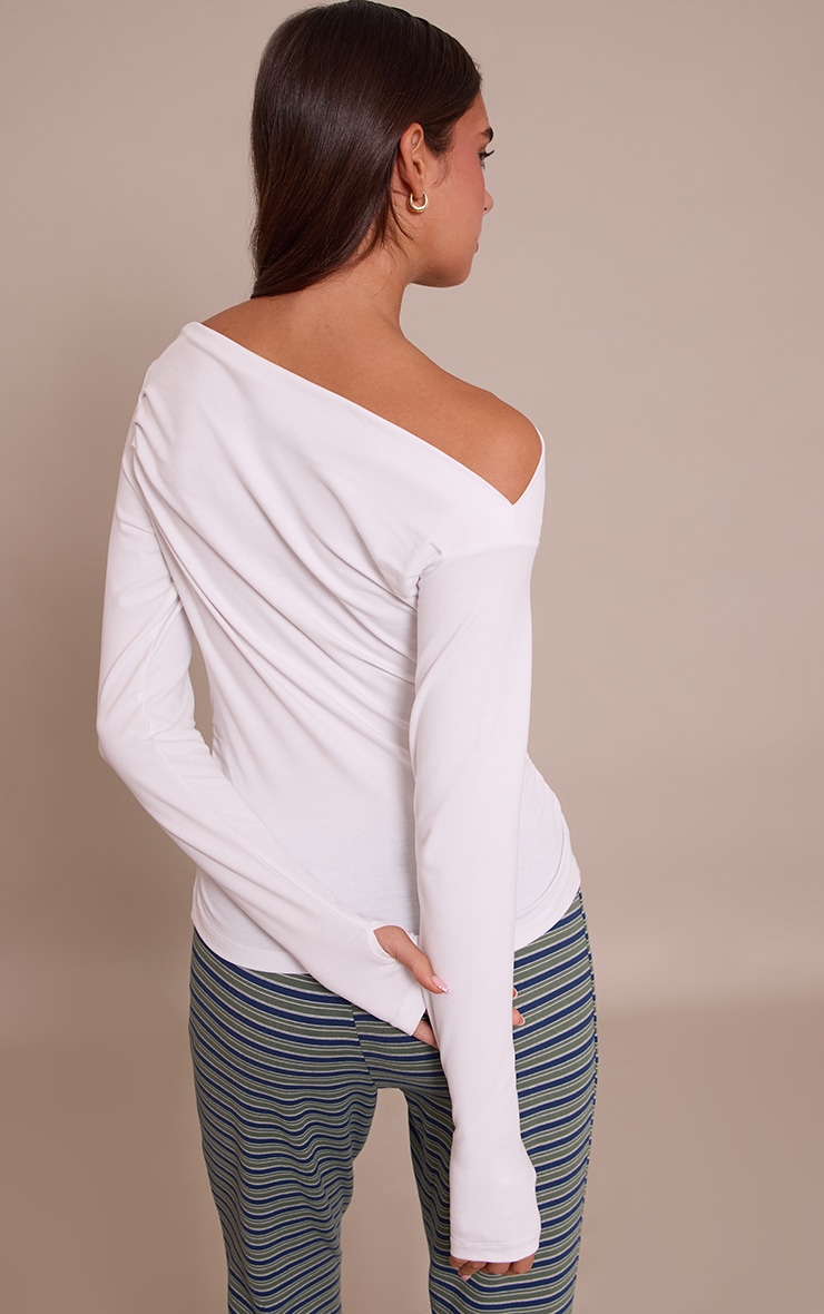 White Soft Cotton Ruched Asymmetric Long Sleeve Top image 2