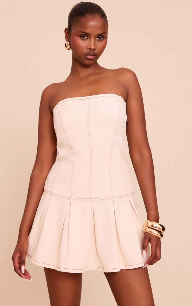 Ecru Linen Look Denim Seam Detail Pleated Mini Dress image 1
