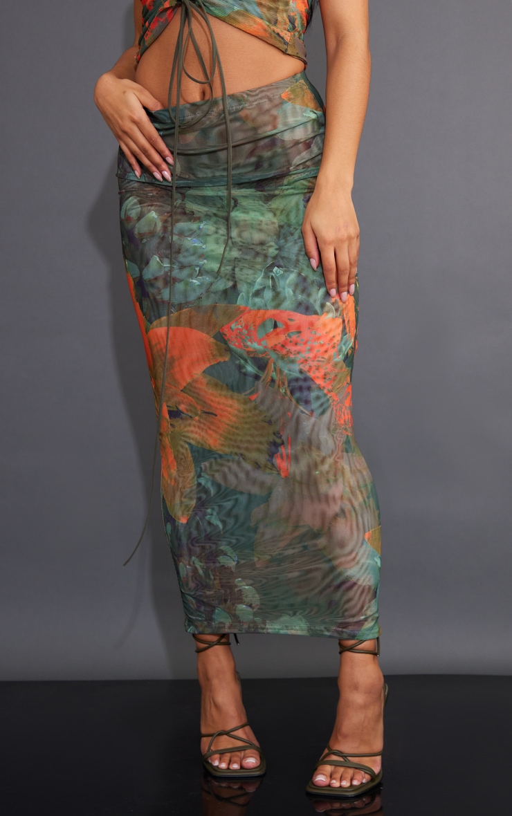 Multi Floral Print Mesh Low Rise Midi Skirt image 2