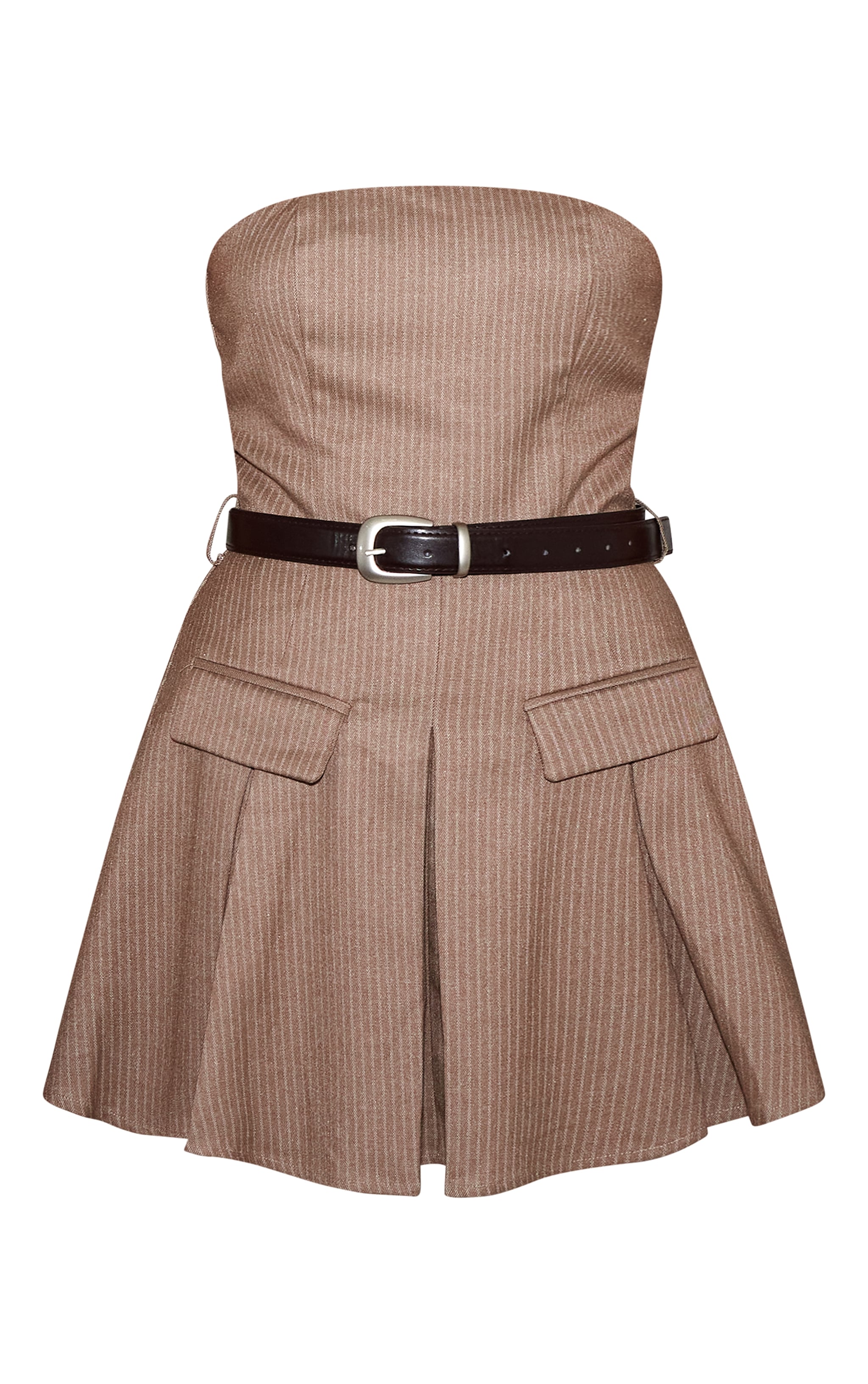 Robe bustier droite marron à fines rayures et ceinture image 5