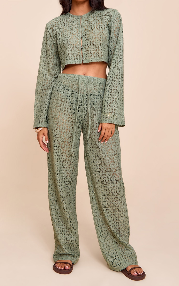 Khaki Lace Straight Leg Trousers | Co-ords | PrettyLittleThing