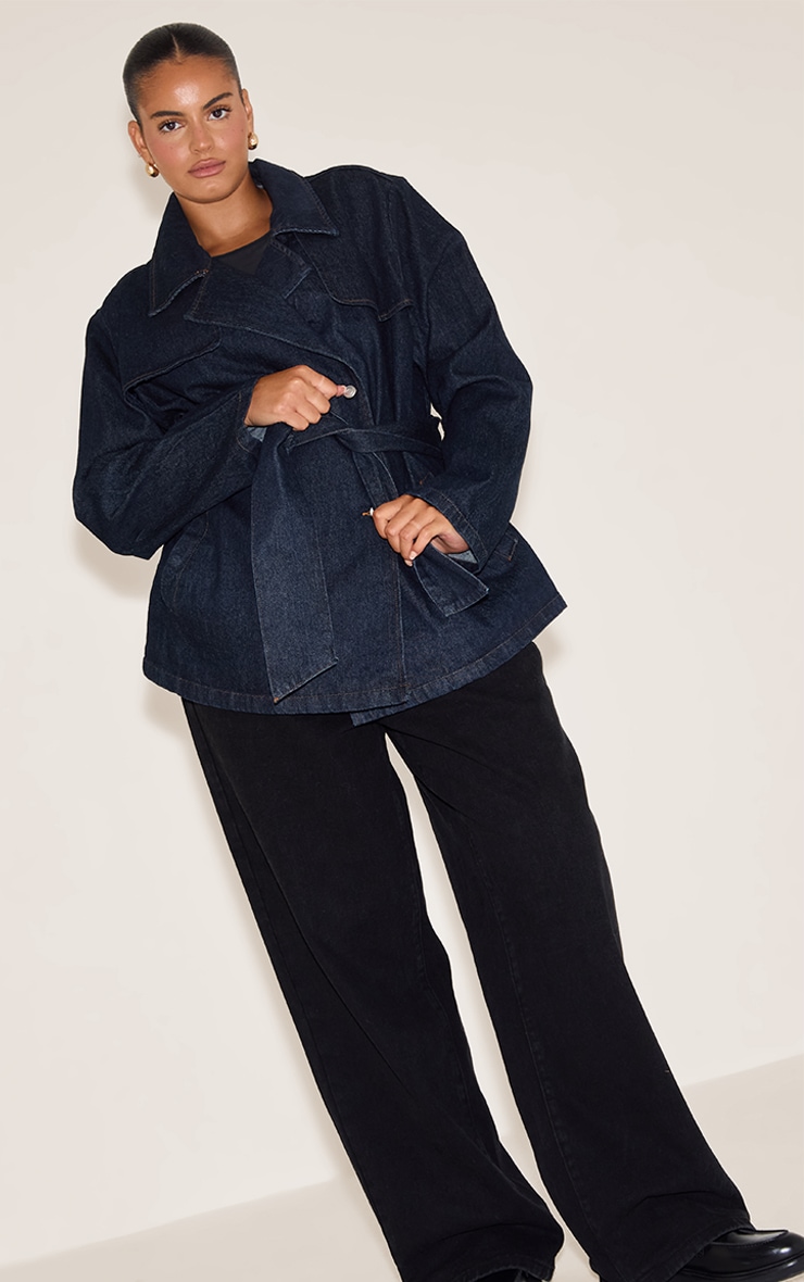 Plus Indigo Cropped Belted Denim Trench image 3
