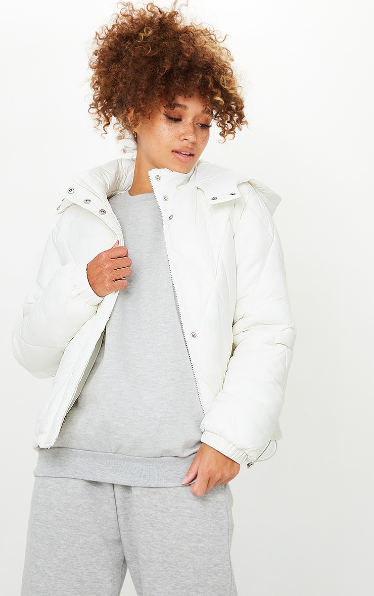 White Nylon Diamond Quilted Hooded Puffer Jacket