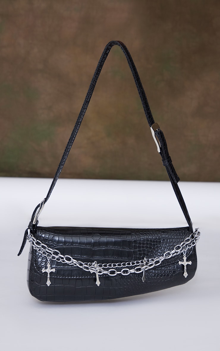 Black Asymmetric Scale Print Cross Chain Shoulder Bag image 3