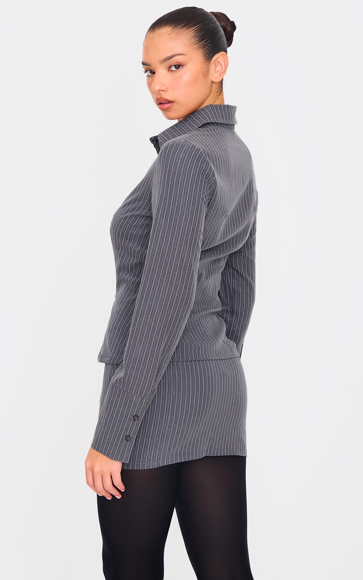Grey Tailored Woven Glitter Pinstripe Fitted Shirt image 2