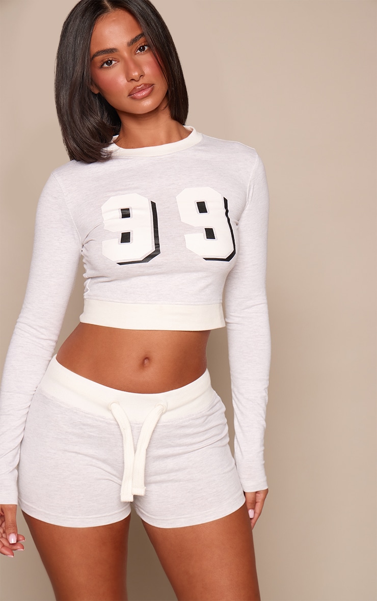 Petite Jersey Ash Grey Graphic Long Sleeve Fitted Top