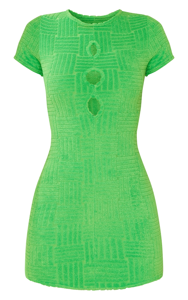 Lime Green Towelling Embossed Keyhole Cut Out Bodycon Dress image 1