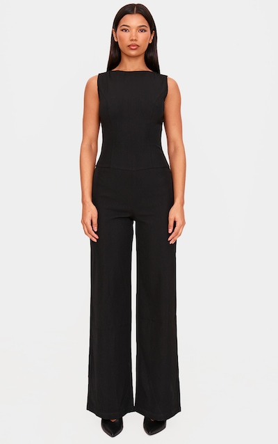 Black Structured Woven Open Back Detail Straight Leg Jumpsuit
