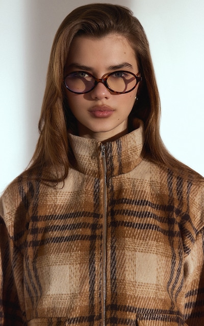 Brown Tartan Placket Detail Jacket