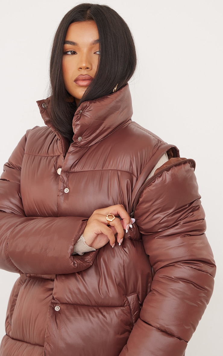 Chocolate Detachable Sleeve And Hem Maxi Puffer Coat image 4