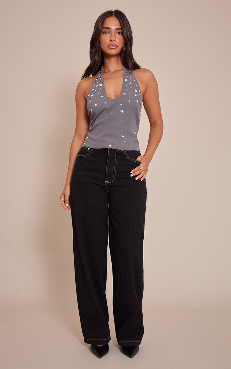 Petite Charcoal Stud Detail Halterneck Top image 3