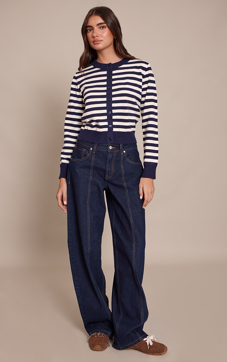 Navy Striped Button Up Compact Knit Cardigan image 3